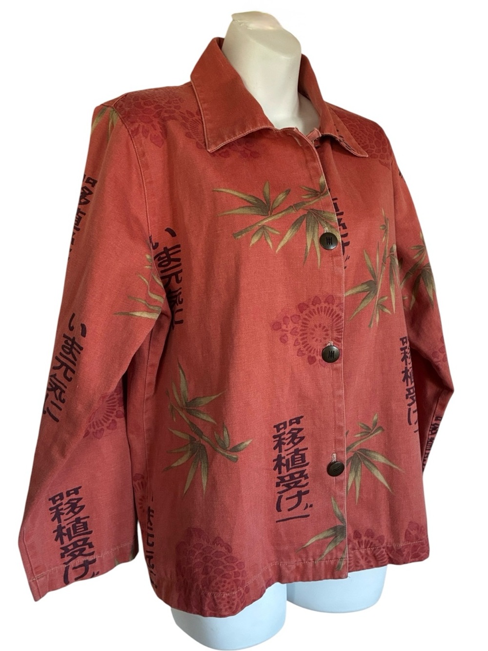 Norm Thompson Jacket, Women's M, Orange Floral & Bamboo, asian characters. EUC